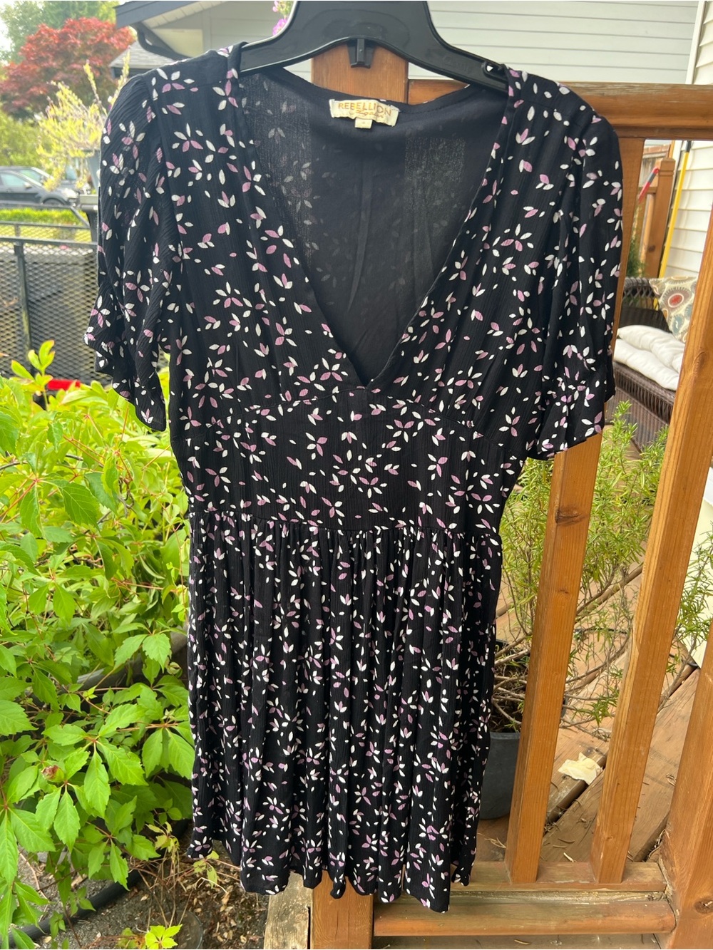 Rebellion Again Black Mini Dress with Pink Leaf Print Size Small